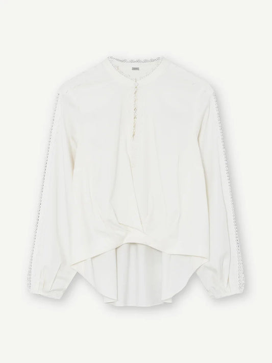 Gustav Off-White Lace Trim Blouse with Button Fastening at Neck, Longer Back 60660