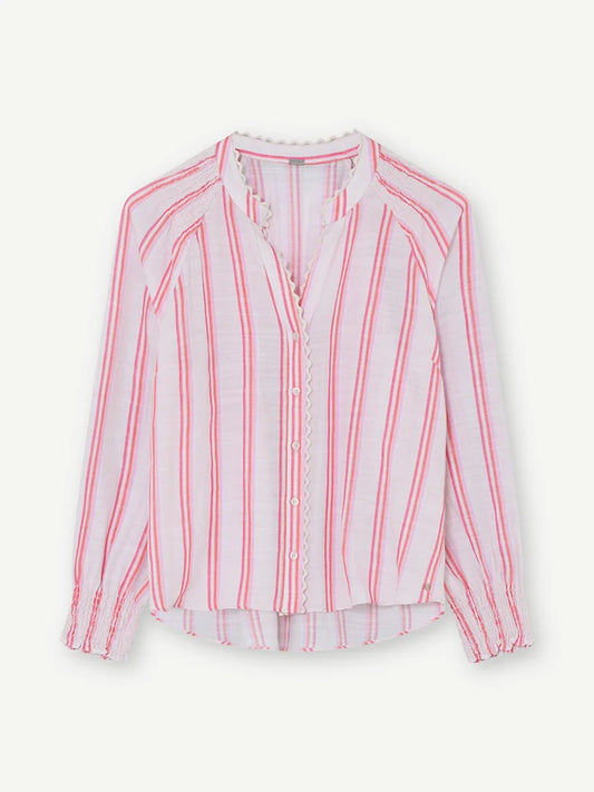 Gustav Pink Stripe Shirt – Mandarin Collar, Embroidered Placket, Shirred Details 60665