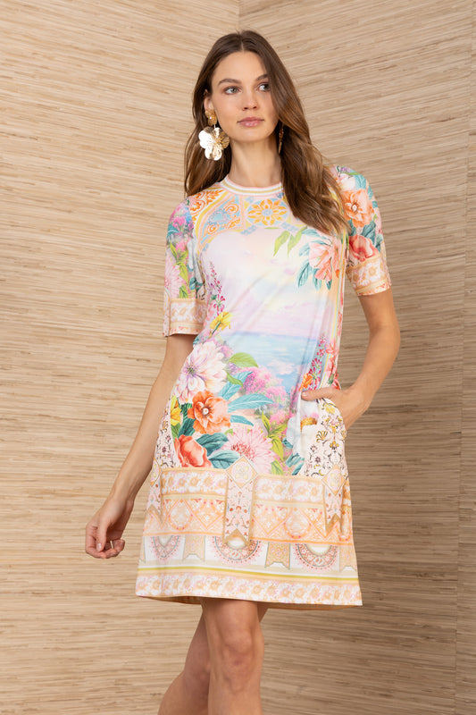 Hale Bob Gold Floral Scenic Print Mini Dress with Round Neck 61DA610A