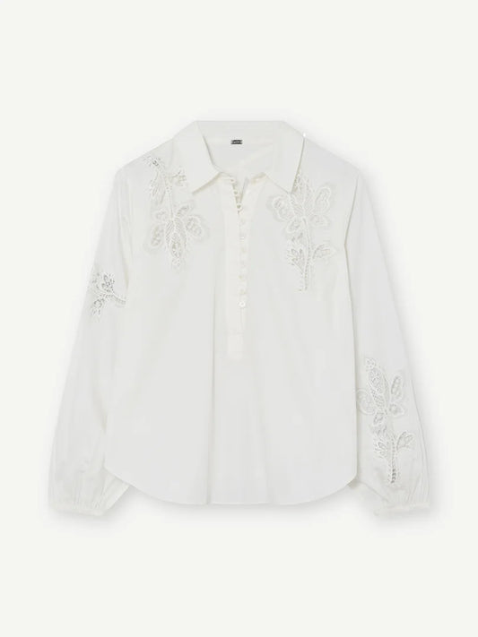 Gustav White Embroidered Blouse – Button Front, Shirt Collar, Long Sleeves