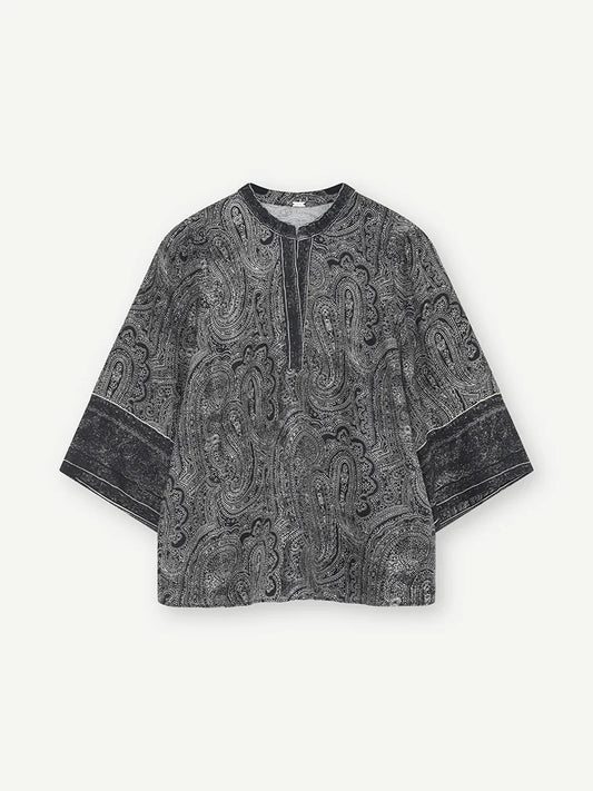 Gustav Black & Sand Paisley Tunic Top – Relaxed Fit, Open Neck & 3/4 Sleeves