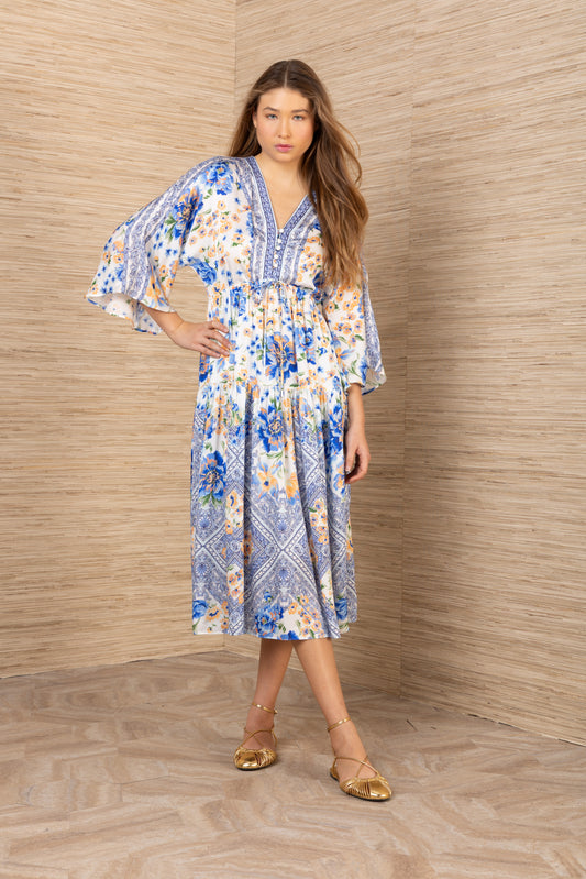 Hale Bob Blue Print Midi Dress – Tie Waist, V-Neck, 3/4 Wide Sleeves 62BC610A