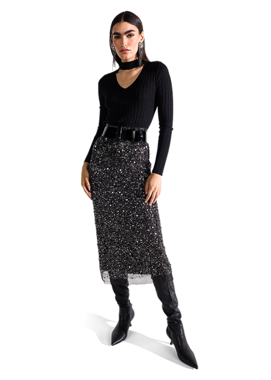 Riani Black Maxi Straight Skirt with Pearl Embroidery and Sequins 634480