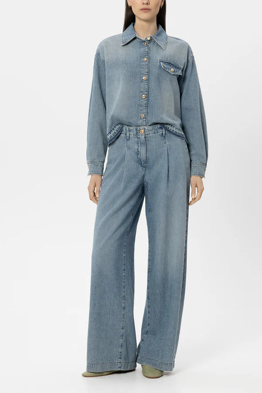 Luisa Cerano Blue Wide Leg Denim Jeans with Pleat