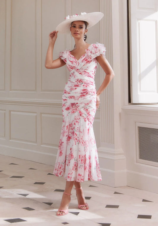 John Charles Pink Printed Chiffon Midi Dress with Bardot Neckline