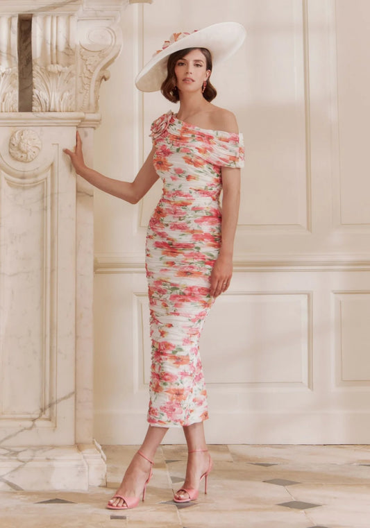 John Charles Orange Tropical Print Chiffon Midi Dress