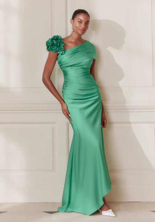 John Charles Emerald Crepe Long Dress with Pleated and Gathered Collar