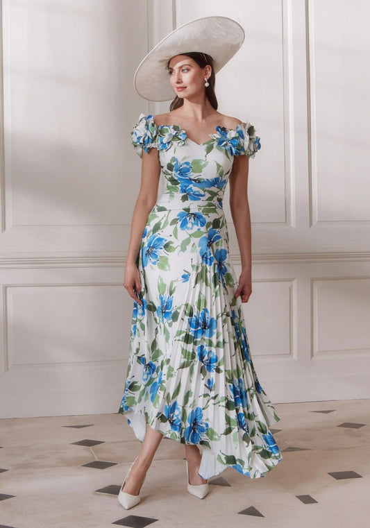 John Charles Amaryllis Off-Shoulder Crepe Dress with Pleated Skirt