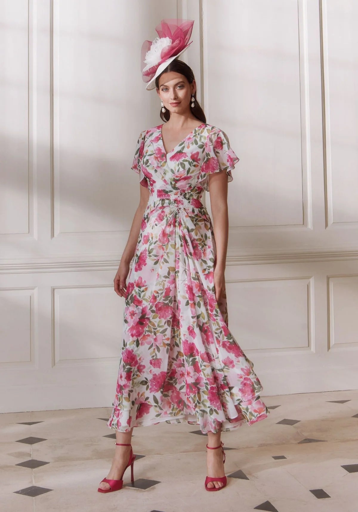 John Charles Spring Pink Printed Chiffon Dress with Flutter Sleeves 66