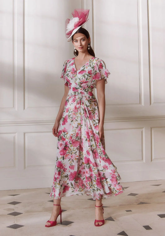 John Charles Spring Pink Printed Chiffon Dress with Flutter Sleeves