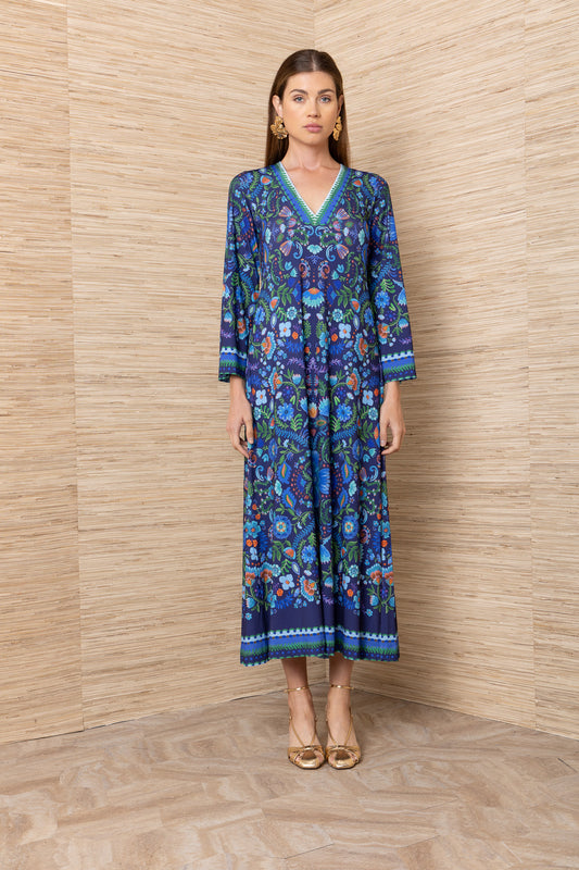 Hale Bob Navy Floral Print V-Neck Long Sleeve Midi Dress