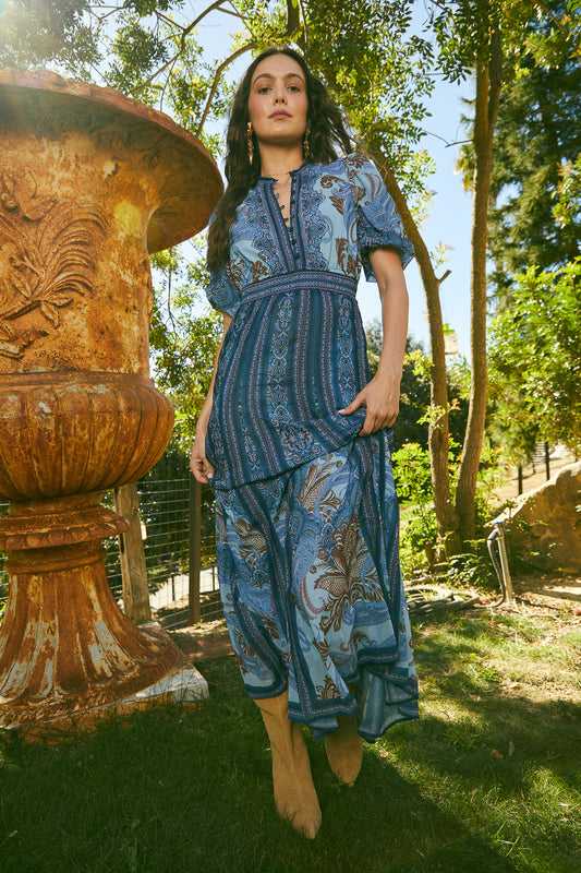 Hale Bob Blue Print Maxi Dress with Shirred Waist & Short Sleeves
