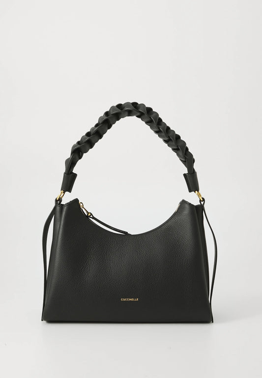 Coccinelle Boheme Grana Double Leather Handbag in Black & Cognac with Zip Fastening