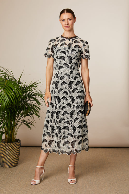 Fee G Black & Cream Loreta Lace Dress – Mid-Length A-Line with Scalloped Neckline 834G/141