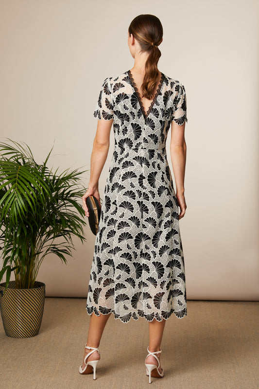 Fee G Black & Cream Loreta Lace Dress – Mid-Length A-Line with Scalloped Neckline 834G/141