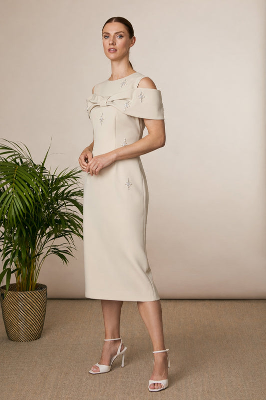 Fee Gee Biscuit Phoebe Midi Dress Off-the-Shoulder Bow & Contrast Beading 852b/106