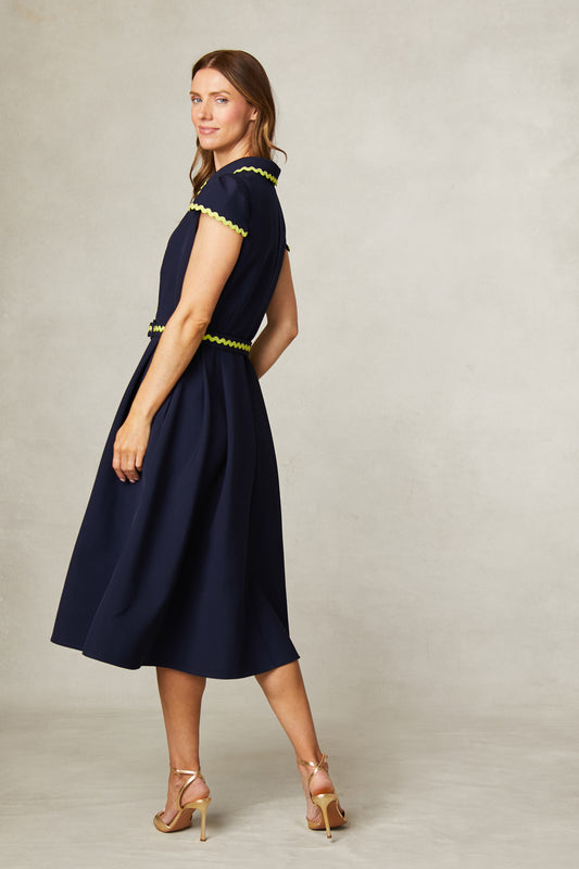 Fee G Navy Tailored Dress with Cap Sleeves, Pleated Skirt & Contrast Rick-Rack Trim 865b/59