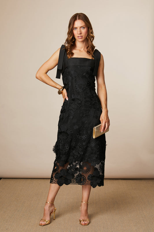 Fee G Black Lace Midi Dress with Tie Straps 876G/136