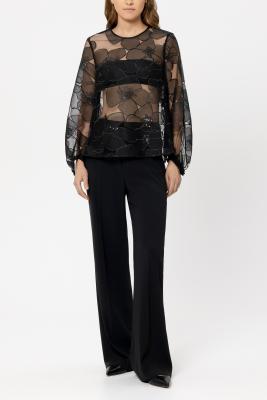Luisa Cerano Sheer Black Appliqué Floral Blouse 238637