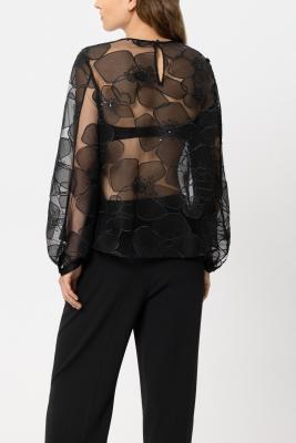 Luisa Cerano Sheer Black Appliqué Floral Blouse 238637
