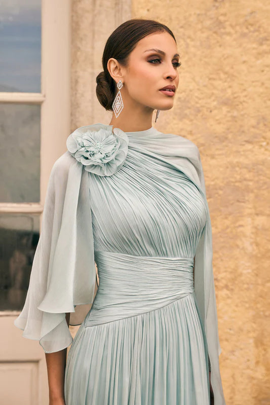 Veni Infantino Long Grey Flowing Pleated Dress with Sheer Chiffon Cape