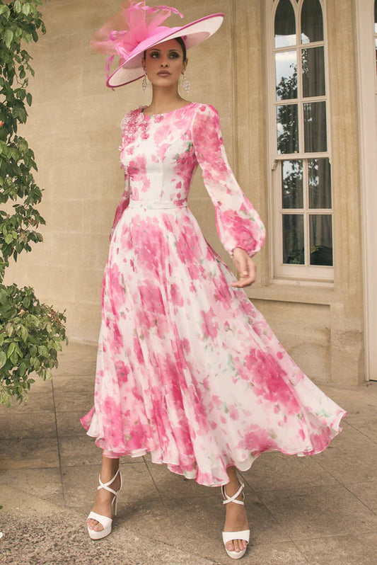 Veni Infantino Cherry Pink PrintAnkle-Length Chiffon Dress