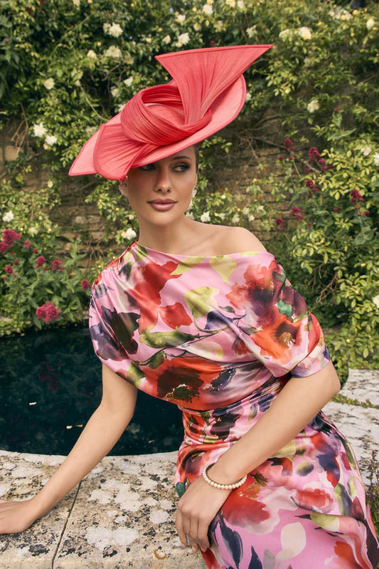 Veni Infantino Red Print Draped One Shoulder Satin Fitted Dress