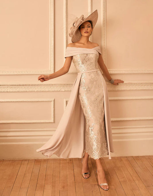 Veni Infantino Taupe Off-Shoulder Dress with Overskirt