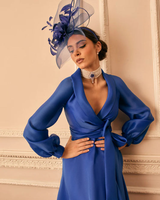 Veni Infantino Azure Wrap-Style Bodice lantern Sleeves Dress