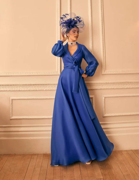 Veni Infantino Azure Wrap-Style Bodice lantern Sleeves Dress