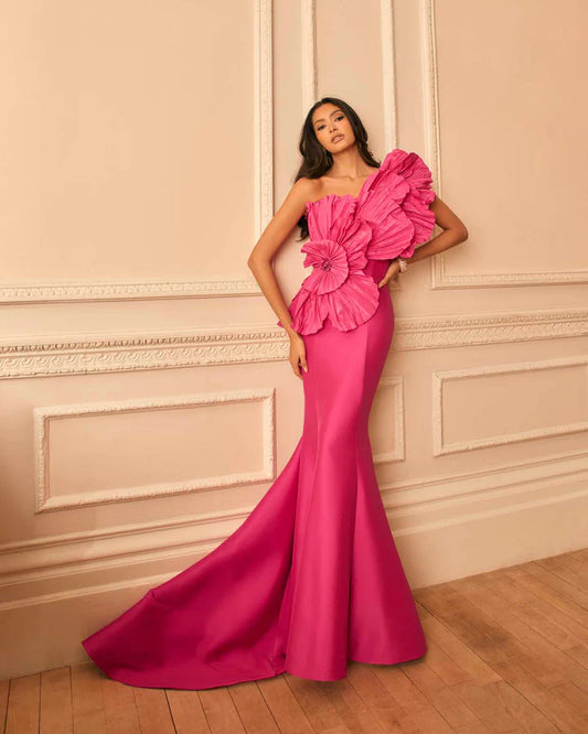 Veni Infantino Fuchsia Architectural Fit-and-Flare Gown with 3D Floral Ruffles