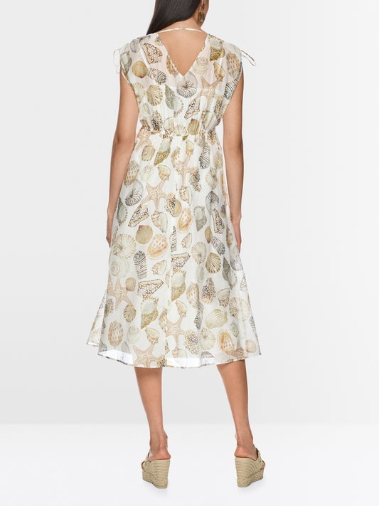 Marc Cain Off-White with Shell Print Mid-Length Dress in Cotton and Silk AC21.47 W49