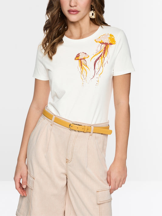 Marc Cain Off-White Cotton T-Shirt with Jellyfish Motif