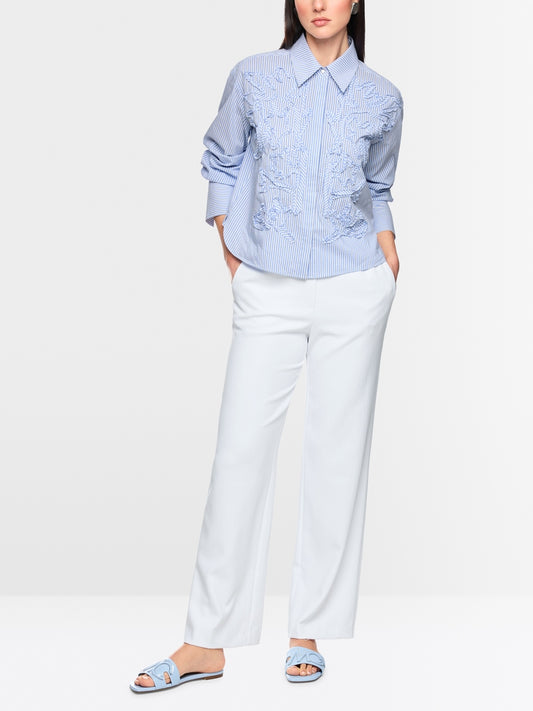 Marc Cain Blue and White Striped Striped Blouse with Floral Details AC51.27 W59