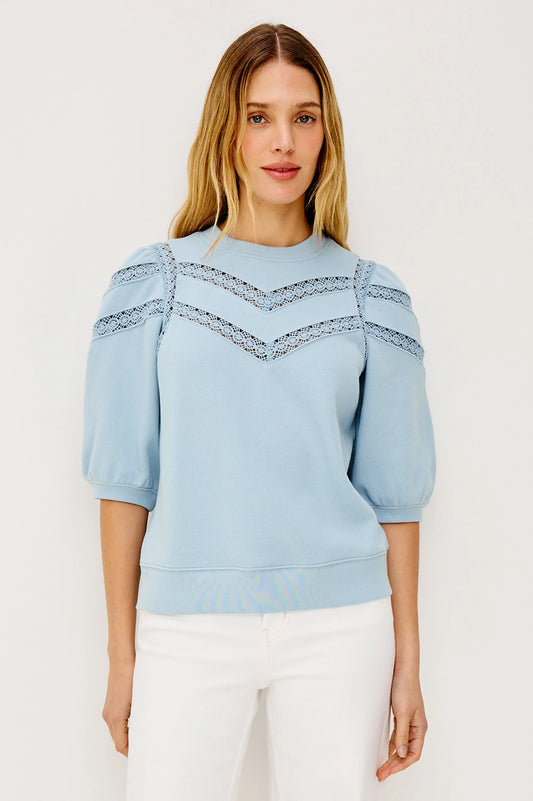 Rails Sky Blue Crew Neck Top with Sheer Crochet Insets ADRIA