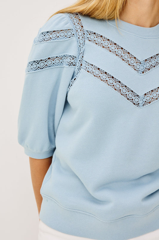 Rails Sky Blue Crew Neck Top with Sheer Crochet Insets ADRIA