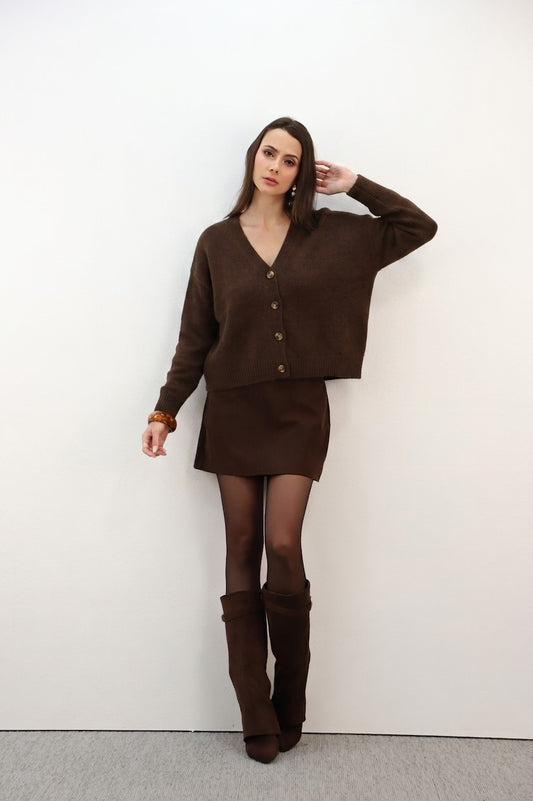 Estheme Cashmere Dark Brown Wool Blend V-Neck Cardigan