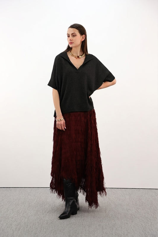 Estheme Cashmere Black Cashmere V-Neck Sweater Collared Relaxed Fit