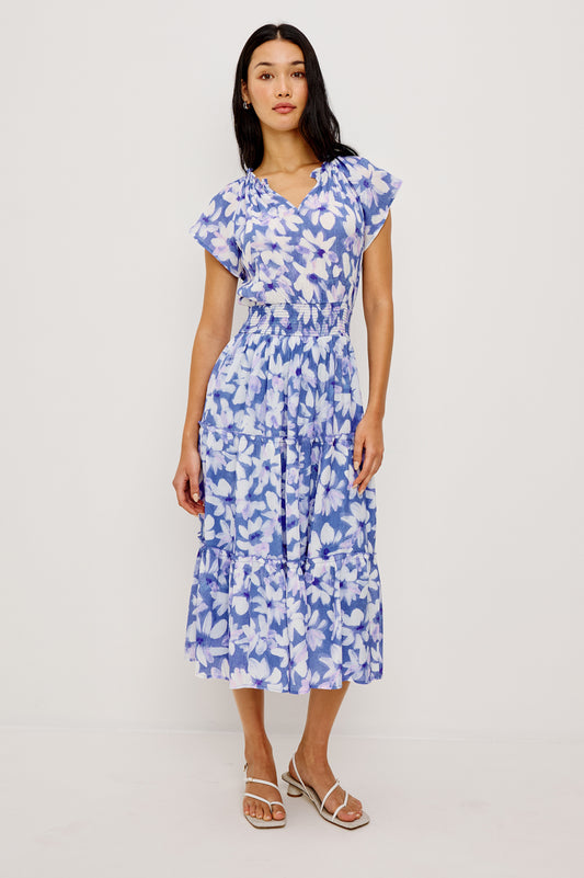 Rails Blue Print Dress – Ruffle Neck Tiered Midi with Smocked Waist AMELLIA