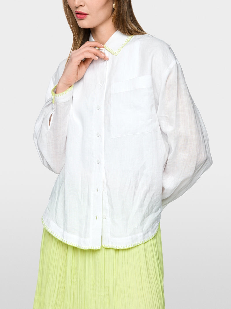 Marc Cain Sports White Shirt Collar Ramie Blouse with Stitching