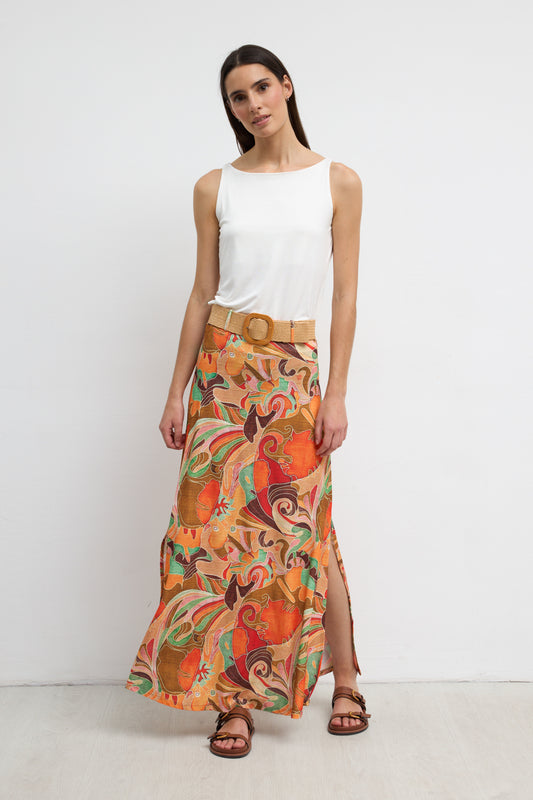 Tinta & Bariloche Orange Print Maxi Skirt in a Straight Fit with Elasticated Waist & Belt ANIS