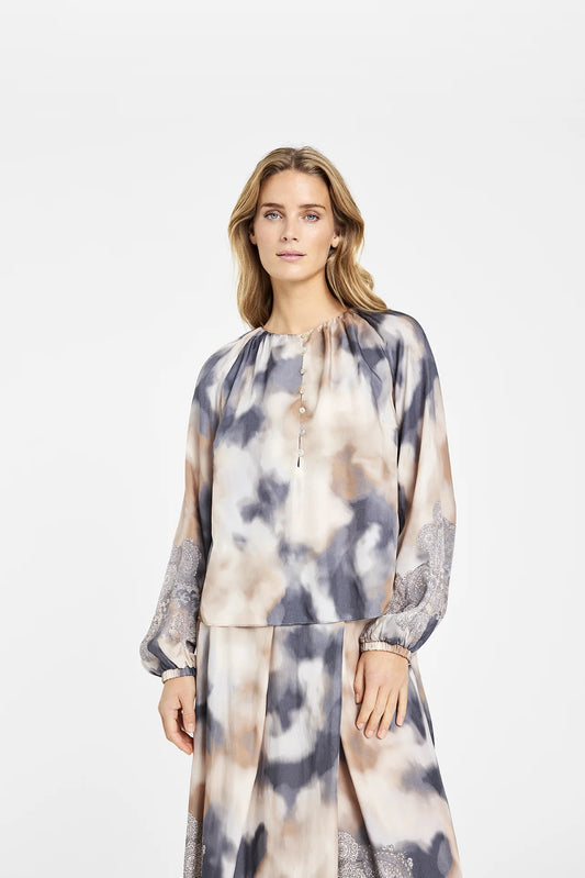 Gustav Beige Patterned Blouse with Round Neck, Full Long 60605