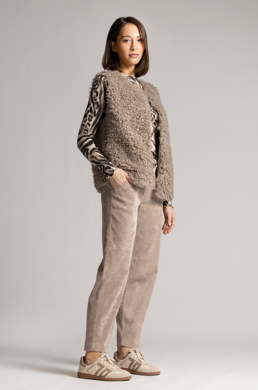 Sani Blu Taupe Corduroy Trousers Tapered Leg Elasticated Drawstring Waist