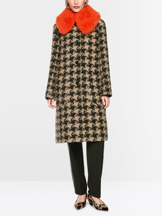 Marc Cain Tan Houndstooth Coat with Faux Fur Collar