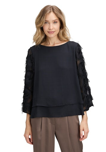 Betty Barclay Black Top – Bateau Neck with Feathering Detail along 3/4 Sleeve 8944 2723