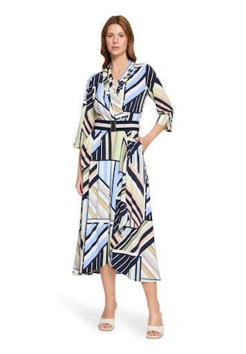 Betty Barclay Black & Green Midi Dress, Figure-Skimming, 3/4 Sleeve, Shawl Collar 18391841