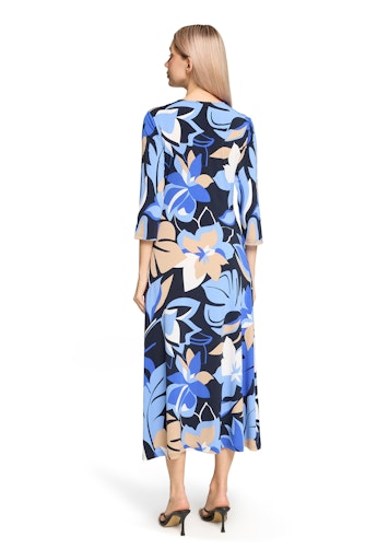 Betty Barclay Blue Floral Midi V Neck Dress with 3/4 Sleeve 18041729