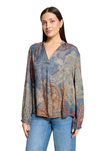 Betty Barclay Blue Paisley Print V-Neck Blouse with Long Sleeves