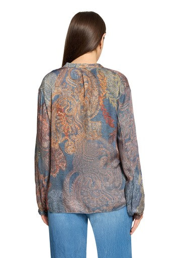 Betty Barclay Blue Paisley Print V-Neck Blouse with Long Sleeves