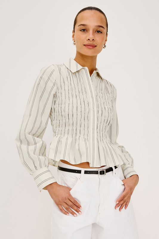 Rails Palma Stripe Smocked Peplum Cotton Shirt Bradshaw